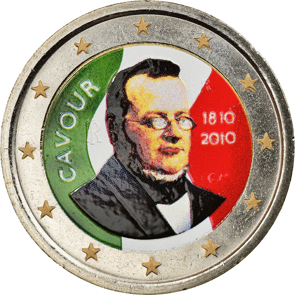 Italia, 2 Euro, Camillo Benso Count of Cavour, 2010, Rome, Colourized, SPL
