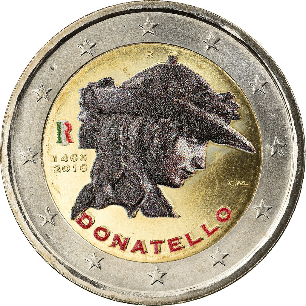 Italy, 2 Euro, Donatello, 2016, Colourized, MS(63), Bi-Metallic, KM:New