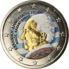 Greece, 2 Euro, Nikos Kazantzakis, 2017, Colourized, MS(63), Bi-Metallic, KM:New