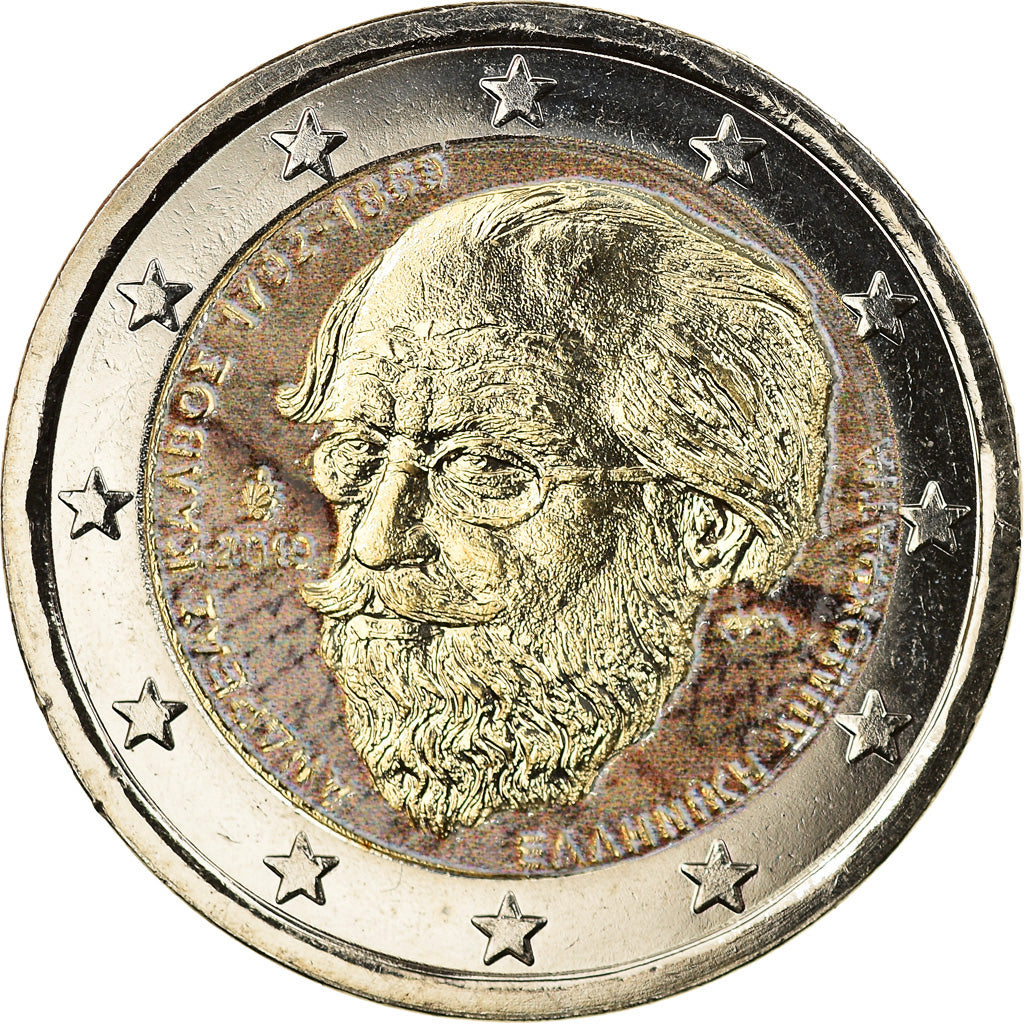 Greece, 2 Euro, Andreas Calvos, 2019, Colourized, MS(63), Bi-Metallic, KM:New