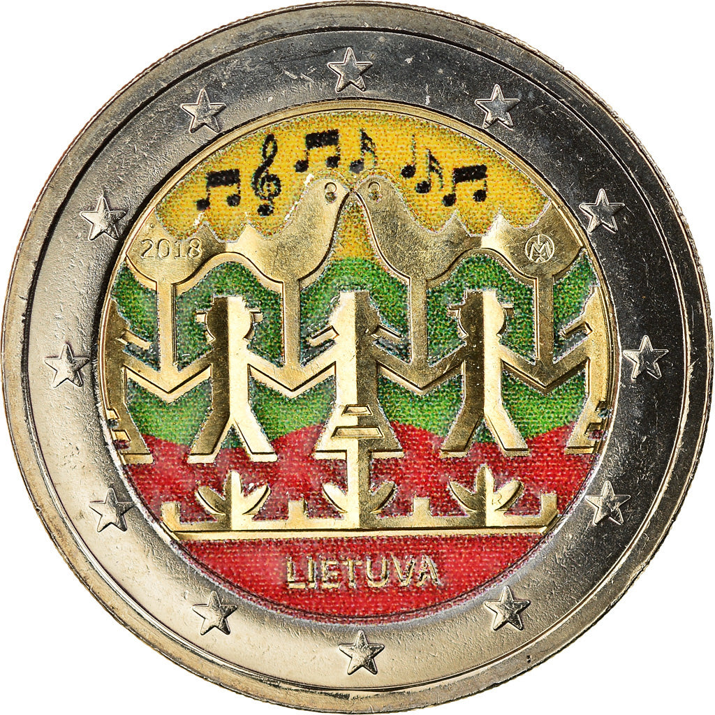 Lithuania, 2 Euro, Célébrations des chants et danses, 2018, Colourized
