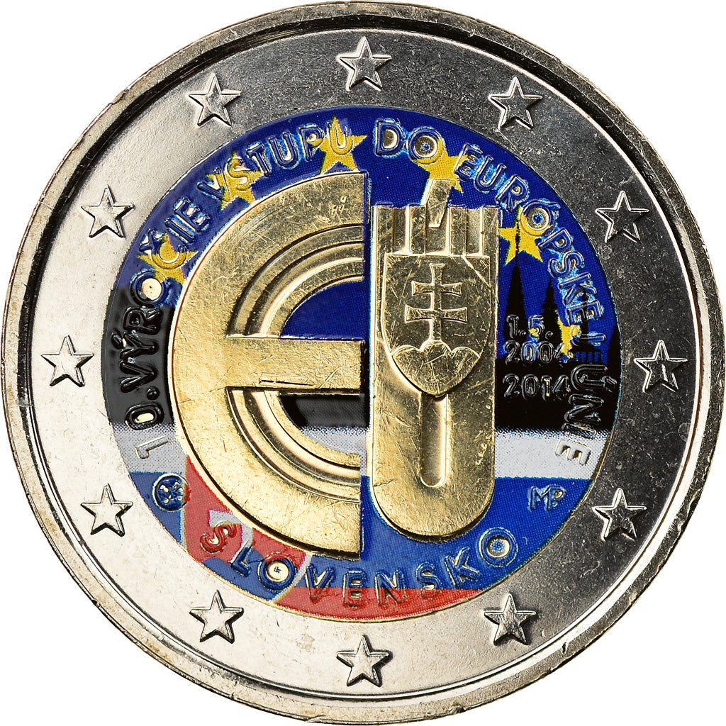 Slovakia, 2 Euro, 10 ans de l'Euro, 2014, Colourized, MS(63), Bi-Metallic