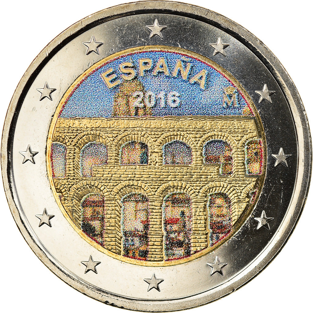 Spain, 2 Euro, Aqueduc de Ségovie, 2016, Colourized, MS(63), Bi-Metallic