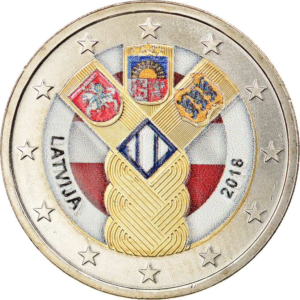 Latvia, 2 Euro, 100 ans des pays baltes, 2018, Colourized, MS(63), Bi-Metallic