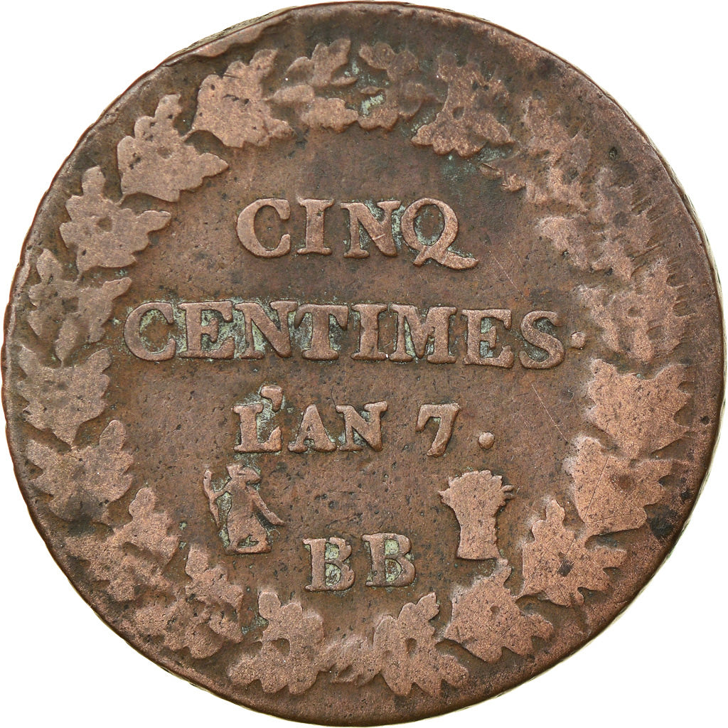 Munten, Frankrijk, Dupré, 5 Centimes, AN 7, Strasbourg, FR+, Bronze, KM:640.4