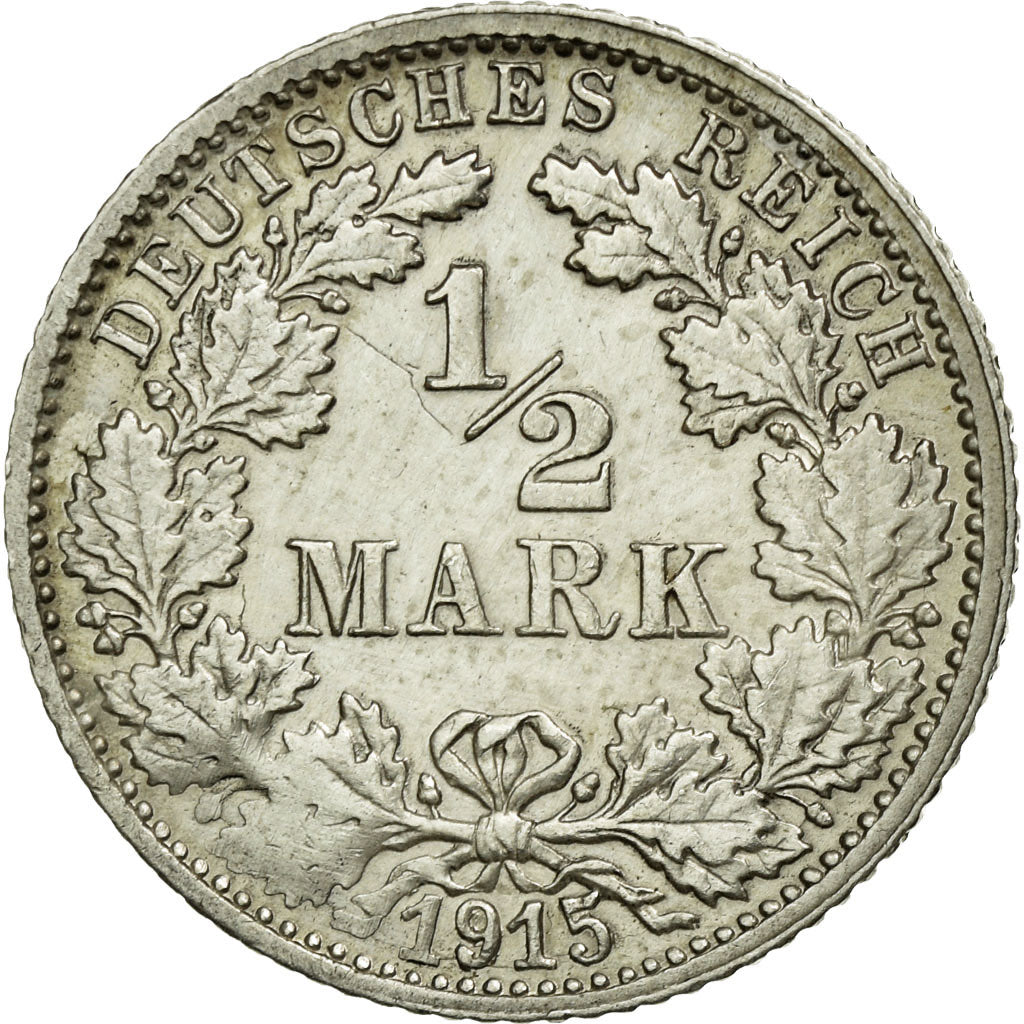 Coin, GERMANY - EMPIRE, 1/2 Mark, 1915, Stuttgart, AU(50-53), Silver, KM:17