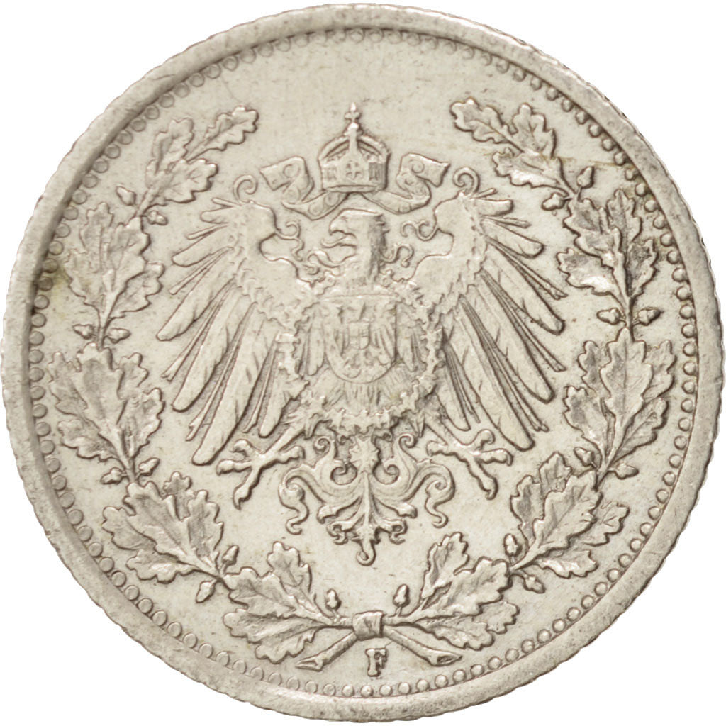 GERMANY - EMPIRE, 1/2 Mark, 1916, Stuttgart, AU(50-53), Silver, KM:17