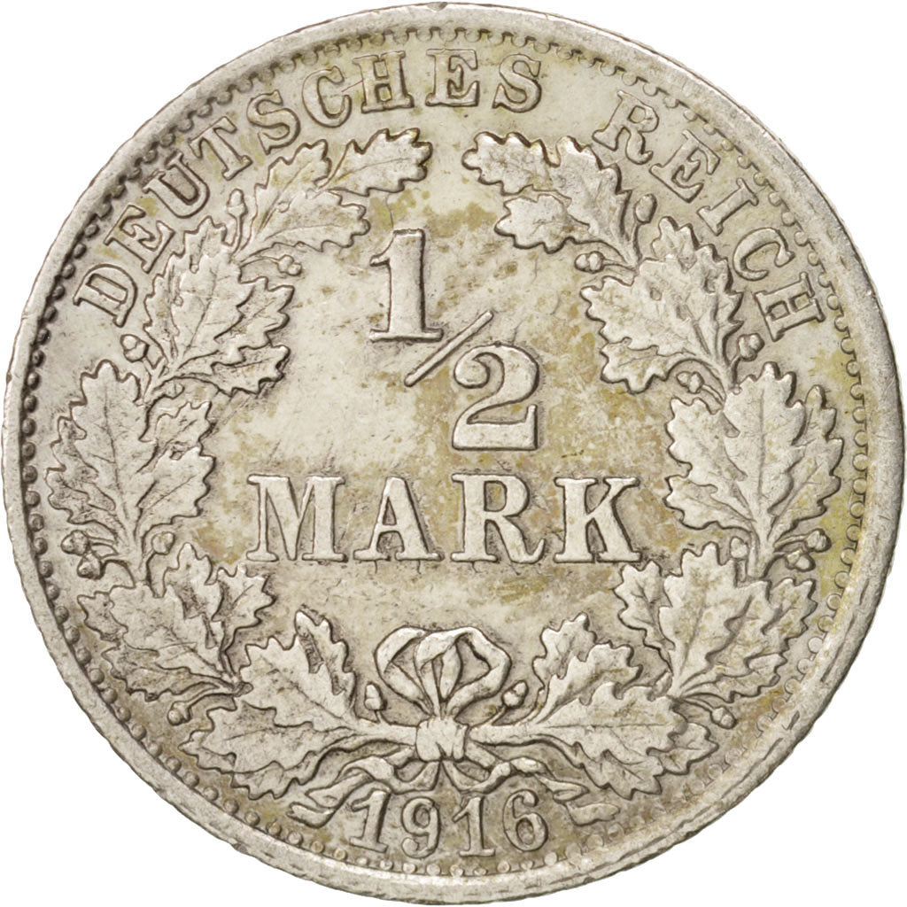 GERMANY - EMPIRE, 1/2 Mark, 1916, Stuttgart, AU(50-53), Silver, KM:17