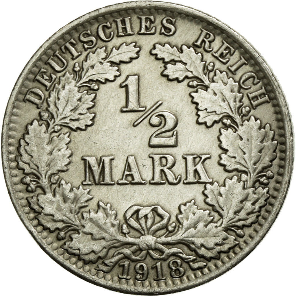 Coin, GERMANY - EMPIRE, 1/2 Mark, 1918, Berlin, AU(50-53), Silver, KM:17