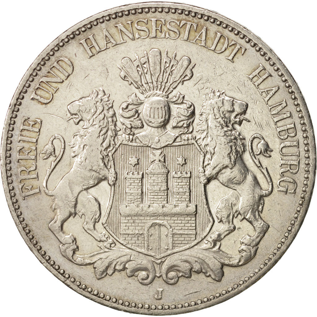 German States, HAMBURG, 5 Mark, 1908, Hamburg, AU(50-53), Silver, KM:610