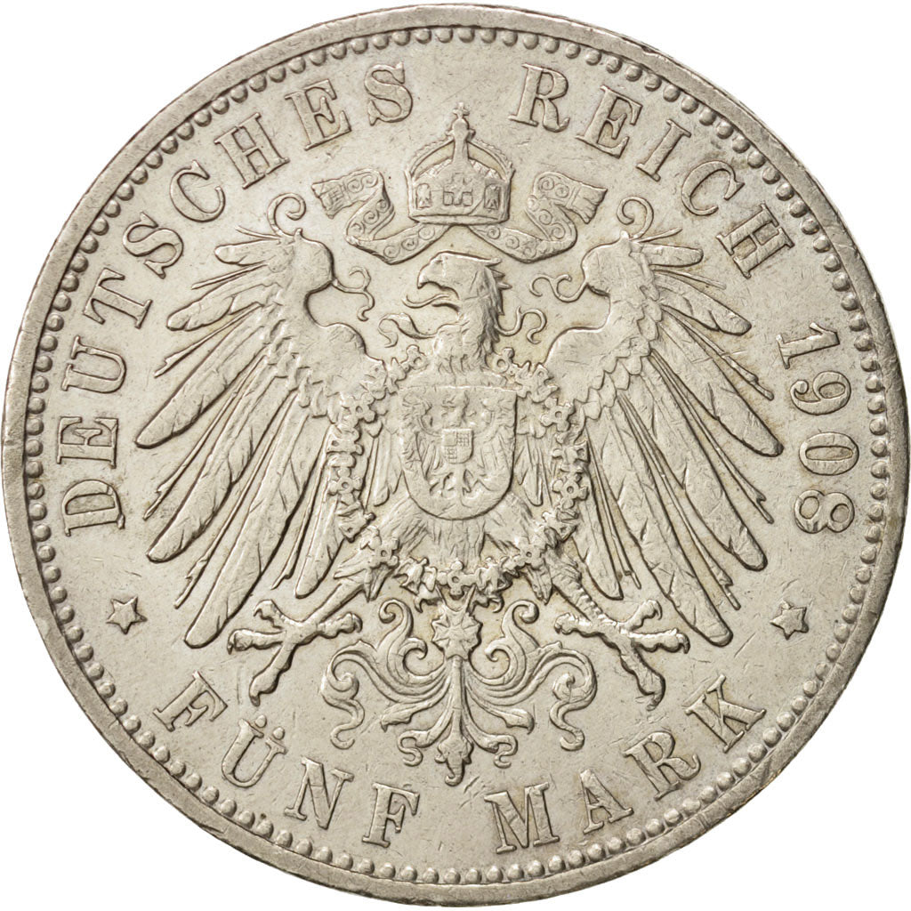 German States, HAMBURG, 5 Mark, 1908, Hamburg, AU(50-53), Silver, KM:610