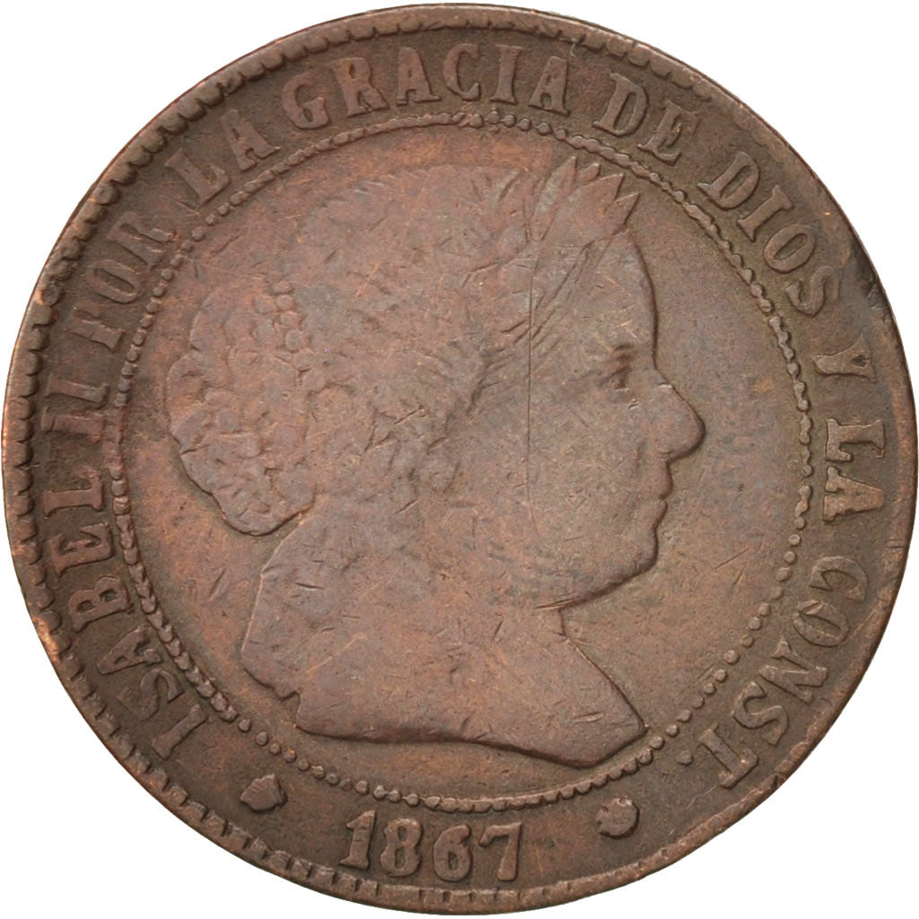 Coin, Spain, Isabel II, 2-1/2 Centimos, 1867, Barcelona, VF(30-35), Copper