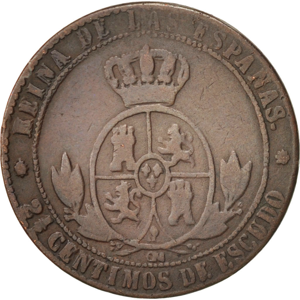 Coin, Spain, Isabel II, 2-1/2 Centimos, 1867, Barcelona, VF(30-35), Copper