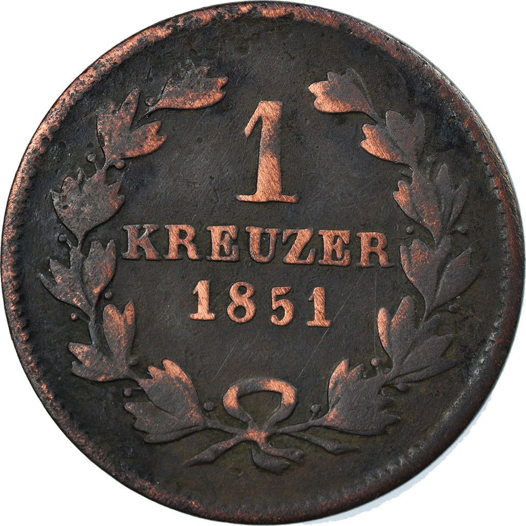 Coin, German States, BADEN, Leopold I, Kreuzer, 1851, VF(20-25), Copper