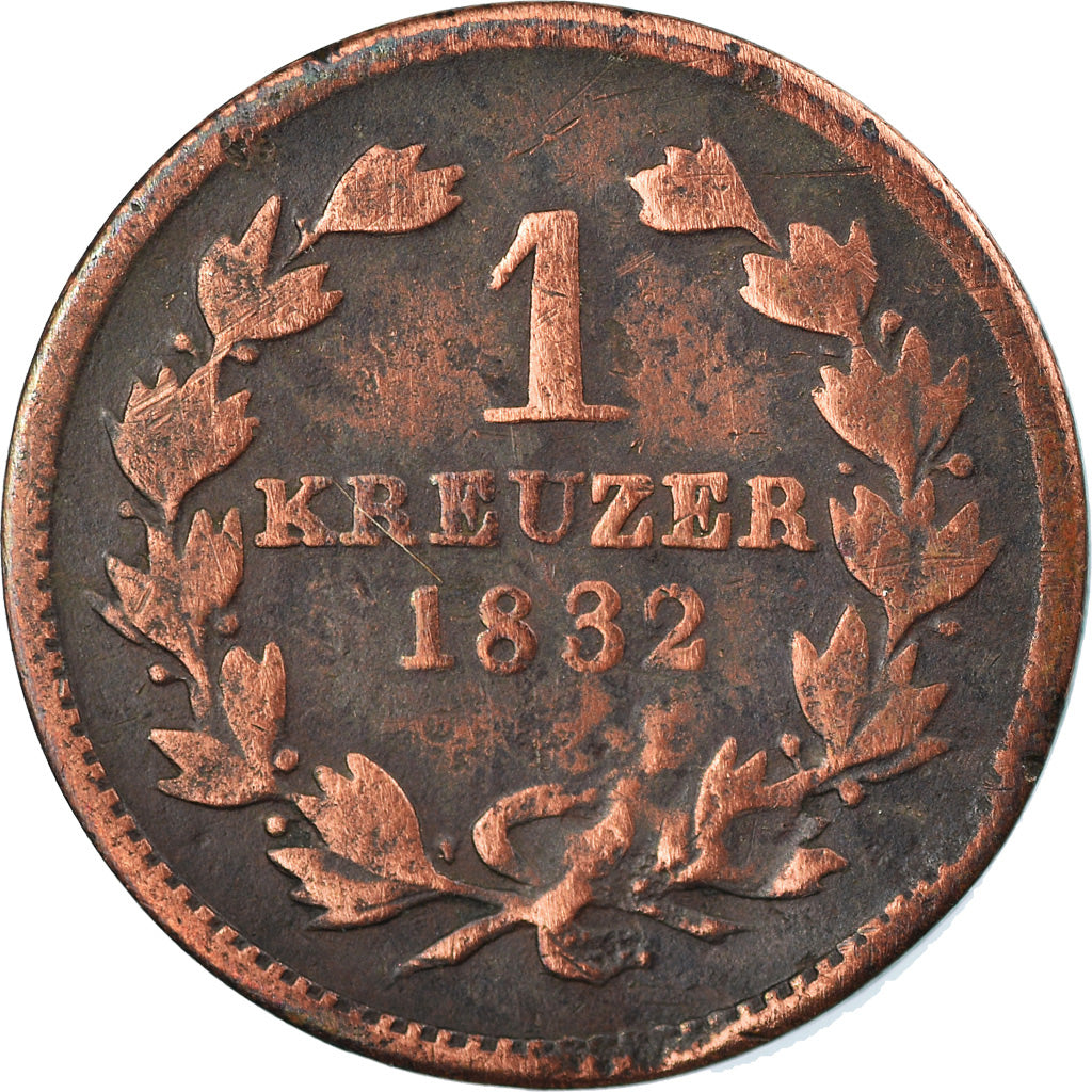 Moneta, Stati tedeschi, BADEN, Leopold I, Kreuzer, 1832, MB, Rame, KM:197.2