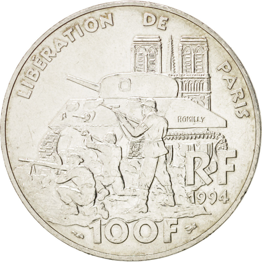 France, Libération de Paris, 100 Francs, 1994, AU(55-58), Silver, KM:1045.1
