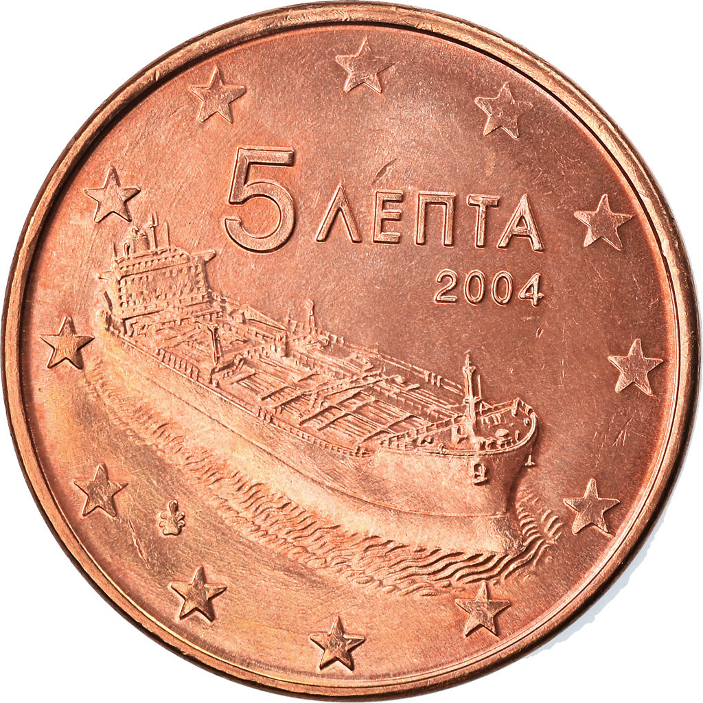 Grecia, 5 Euro Cent, 2004, Athens, MBC+, Cobre chapado en acero, KM:183