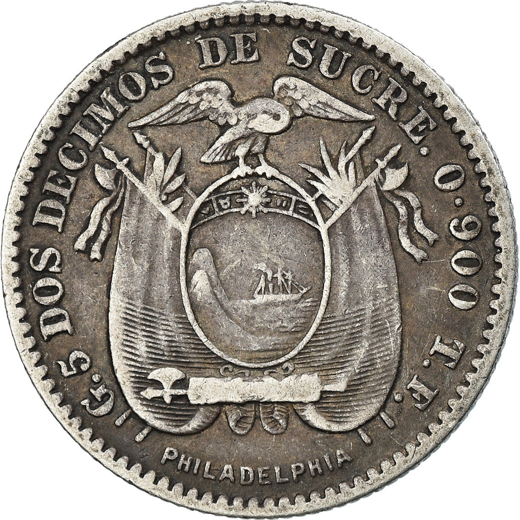 Monnaie, Équateur, 2 Decimos, Dos, 1895, TB+, Argent, KM:51