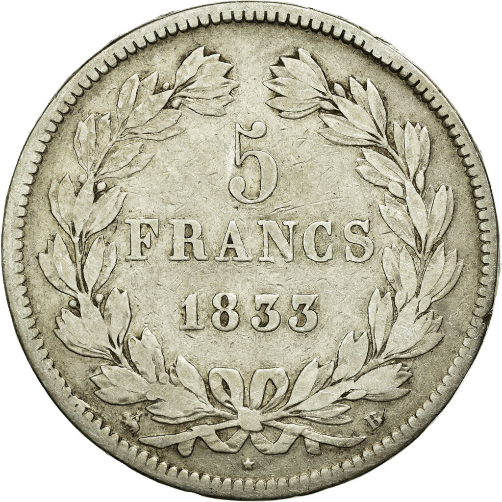 Coin, France, Louis-Philippe, 5 Francs, 1833, Rouen, VF(30-35), Silver
