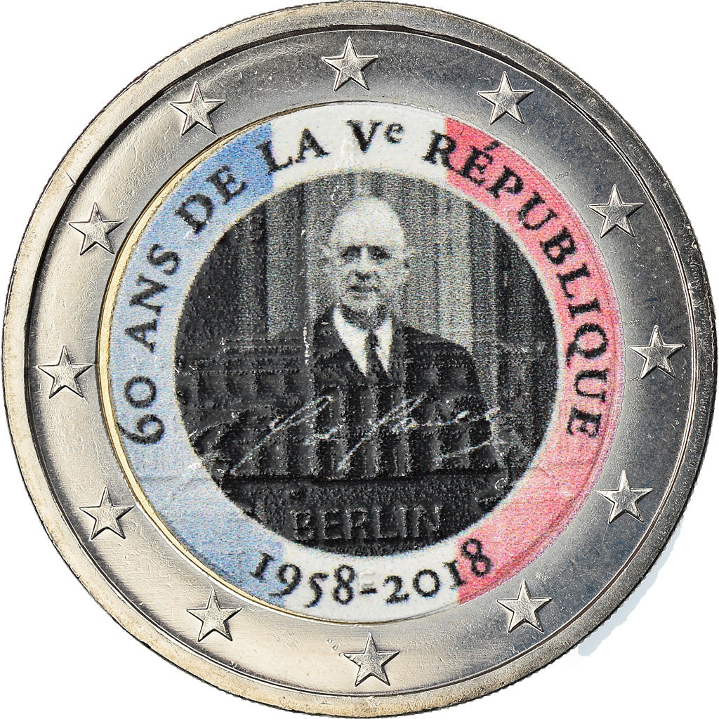 France, 2 Euro, 60 ans de la v republique, 2018, Colourized, MS(63)