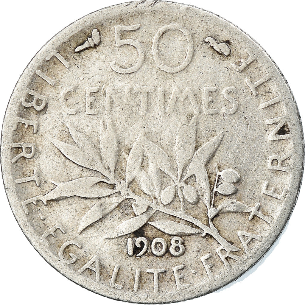 Coin, France, Semeuse, 50 Centimes, 1908, Paris, VF(20-25), Silver, KM:854