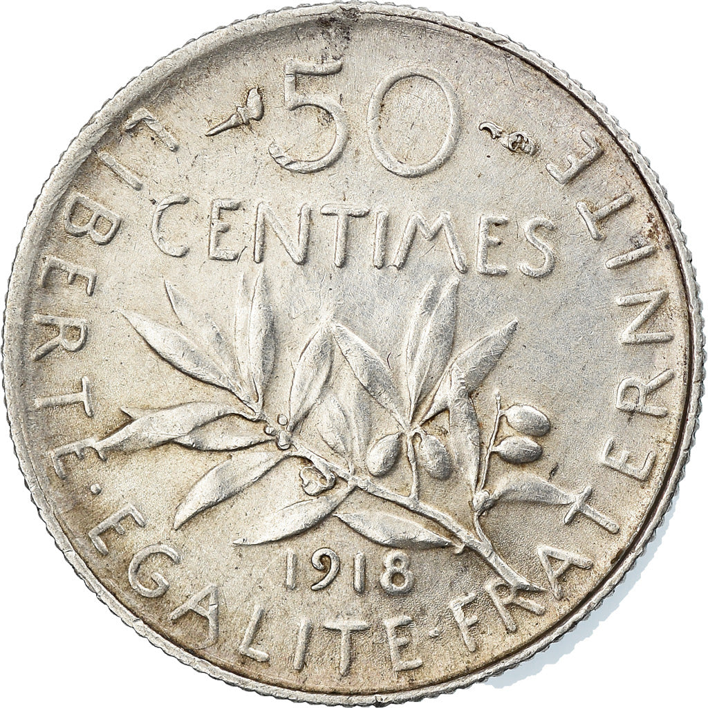 Moneta, Francia, Semeuse, 50 Centimes, 1918, Paris, BB+, Argento, KM:854