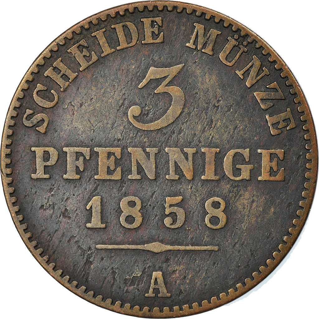 Coin, German States, 3 Pfennig, 1858, Berlin, EF(40-45), Copper, KM:143