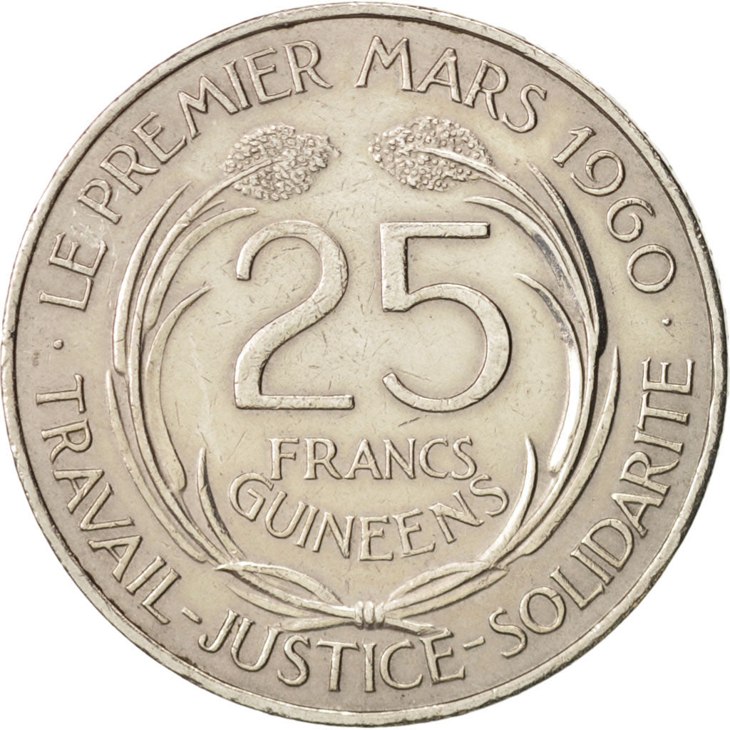 Guinea, 25 Francs, 1962, AU(50-53), Copper-nickel, KM:7