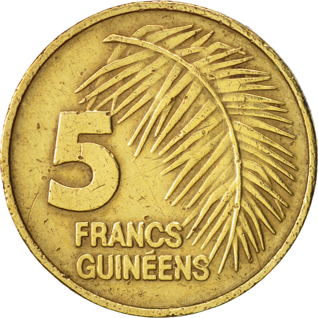 Guinea, 5 Francs, 1985, AU(50-53), Brass Clad Steel, KM:53