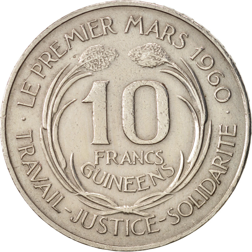 Guinea, 10 Francs, 1962, AU(50-53), Copper-nickel, KM:6