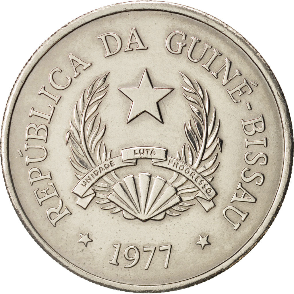 Guinea-Bissau, 5 Pesos, 1977, AU(55-58), Copper-nickel, KM:20