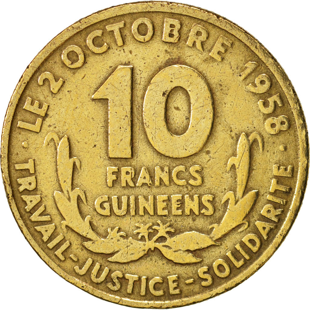 Guinea, 10 Francs, 1959, VF(30-35), Aluminum-Bronze, KM:2