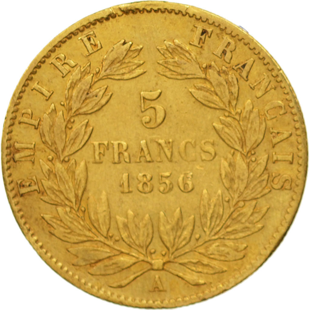 Francia, Napoleon III, 5 Francs, 1856, Paris, BC+, Oro, KM:787.1
