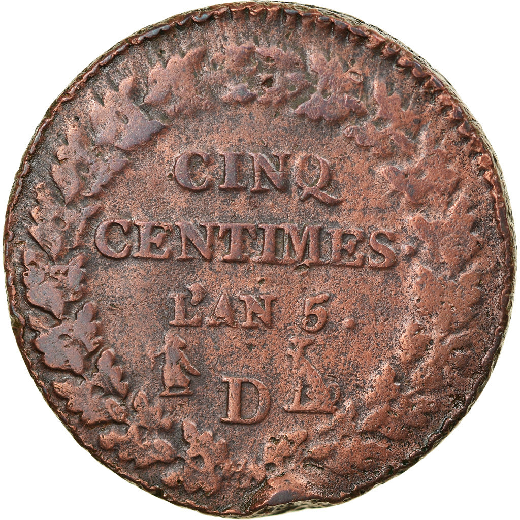 Moneta, Francia, Dupré, 5 Centimes, 1796, Lyon, MB, Bronzo, KM:640.5