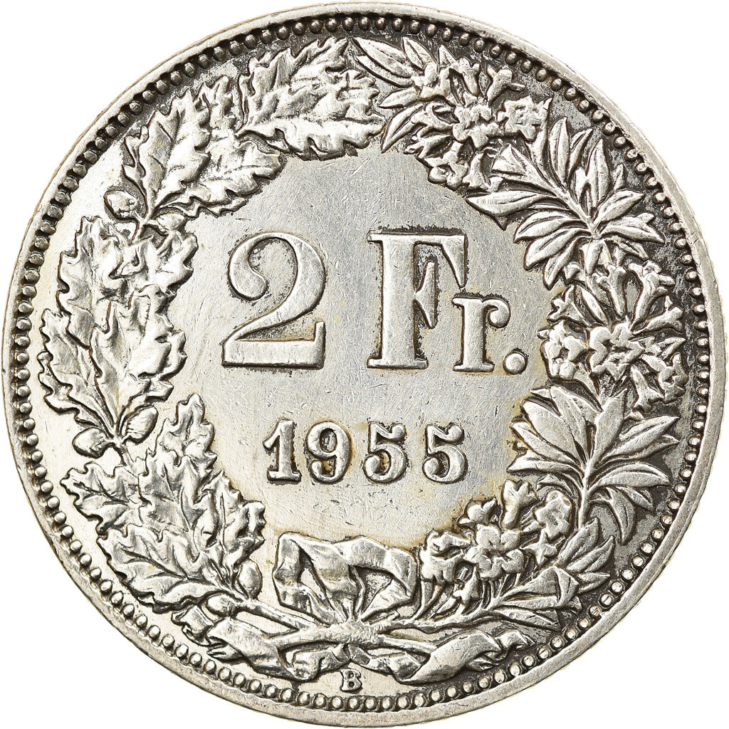 Coin, Switzerland, 2 Francs, 1955, Bern, AU(50-53), Silver, KM:21
