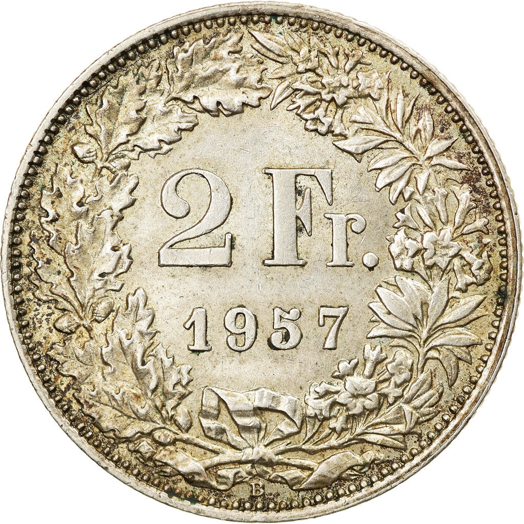 Coin, Switzerland, 2 Francs, 1957, Bern, EF(40-45), Silver, KM:21