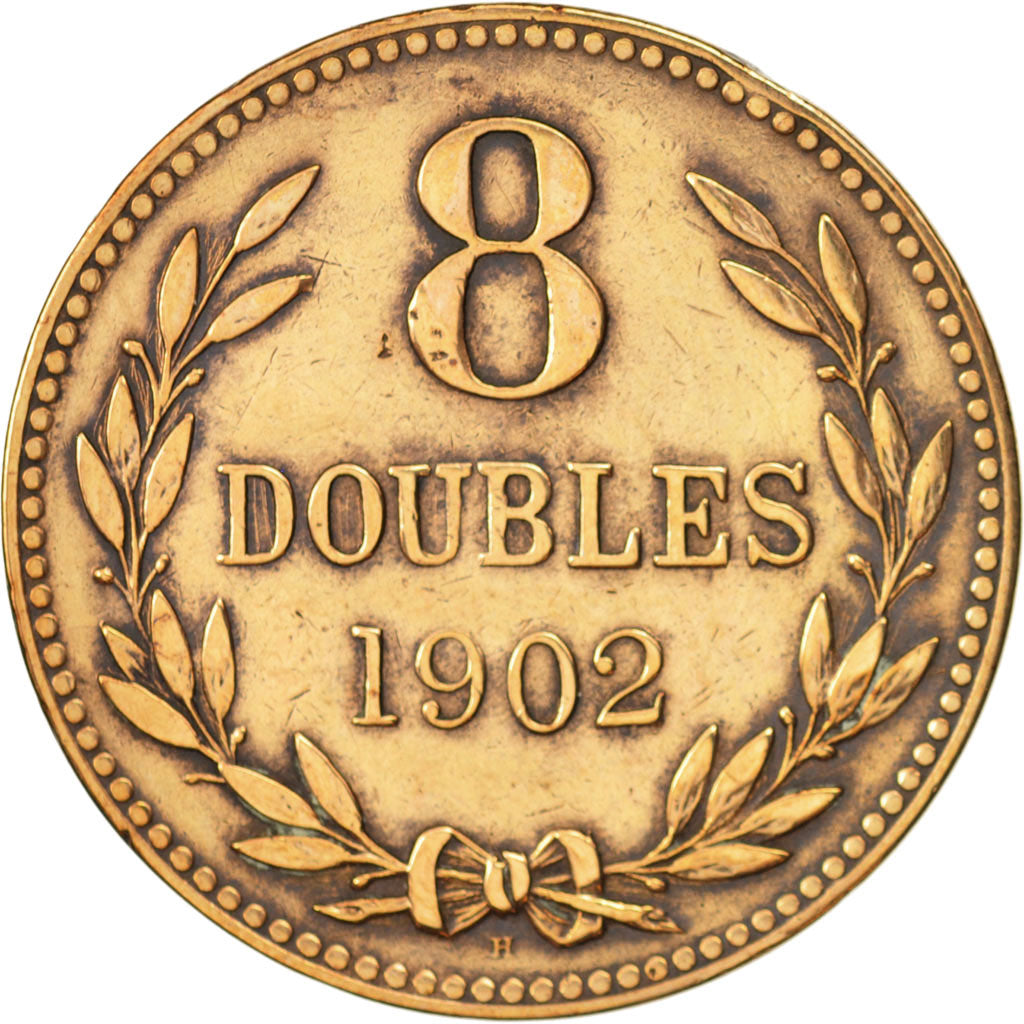 Guernsey, 8 Doubles, 1902, Heaton, Birmingham, AU(50-53), Bronze, KM:7