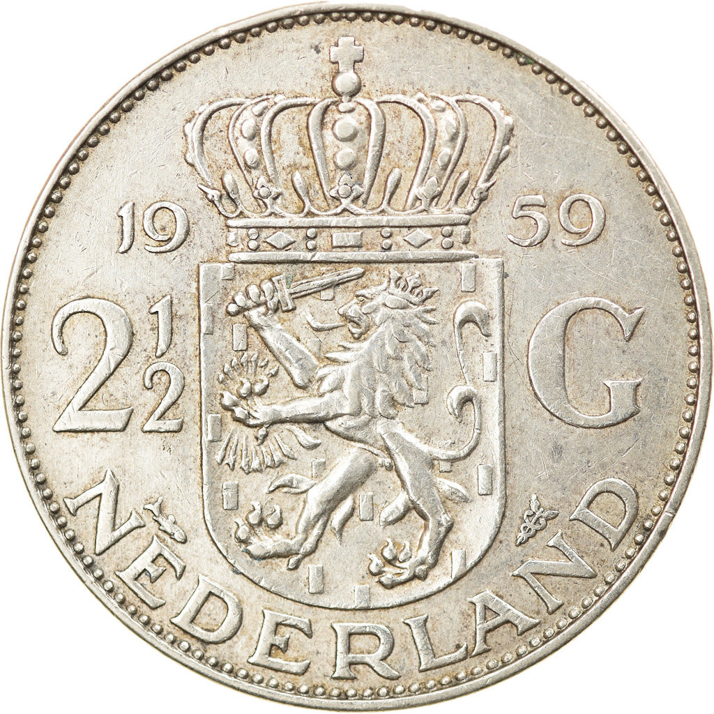 Coin, Netherlands, Juliana, 2-1/2 Gulden, 1959, EF(40-45), Silver, KM:185