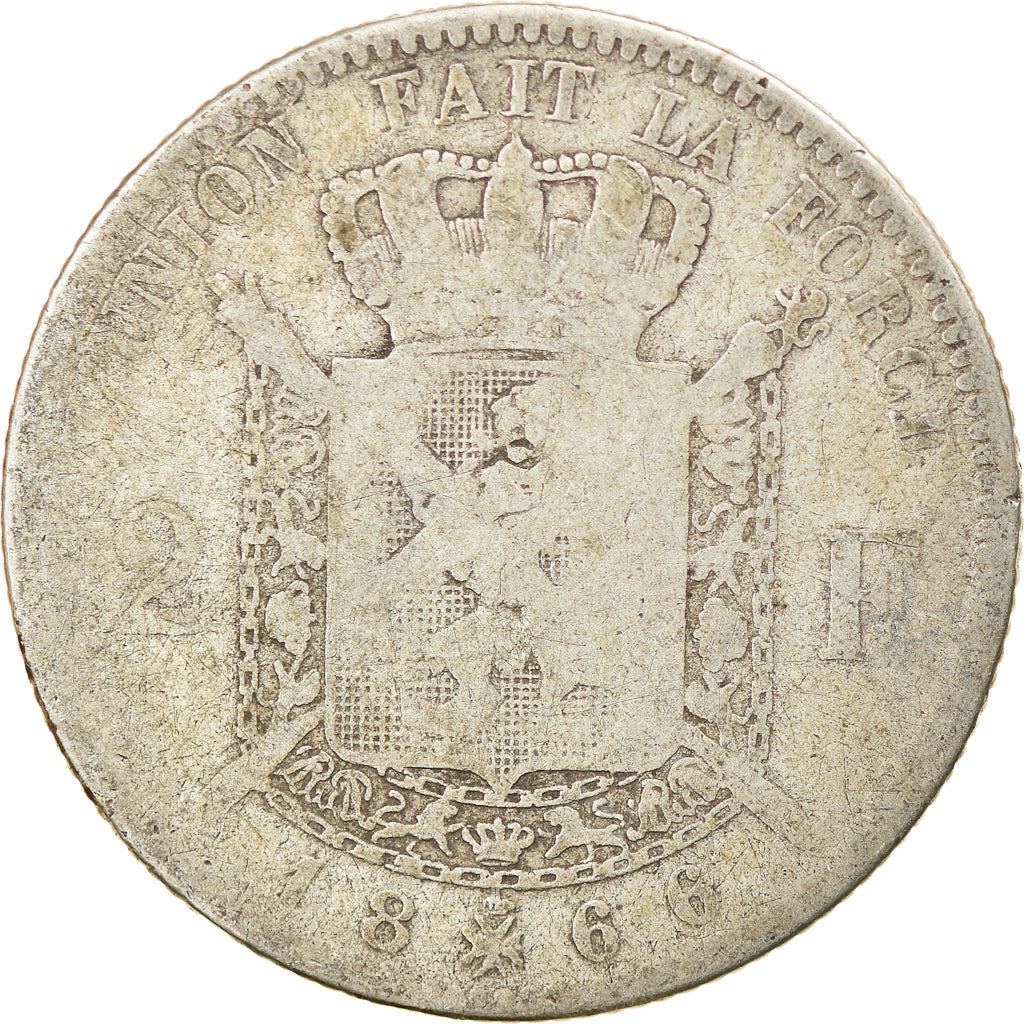 Coin, Belgium, Leopold II, 2 Francs, 2 Frank, 1866, F(12-15), Silver, KM:30.1