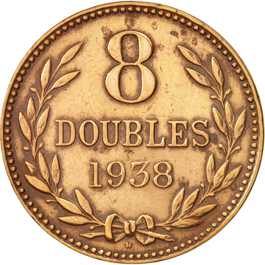 Guernsey, 8 Doubles, 1938, Heaton, Birmingham, AU(50-53), Bronze, KM:14