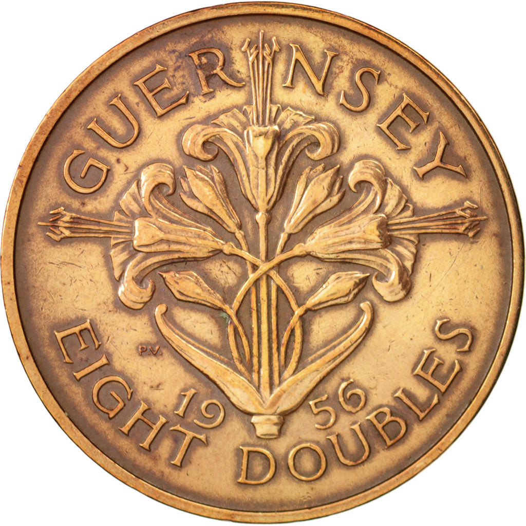 Guernsey, Elizabeth II, 8 Doubles, 1956, AU(50-53), Bronze, KM:16
