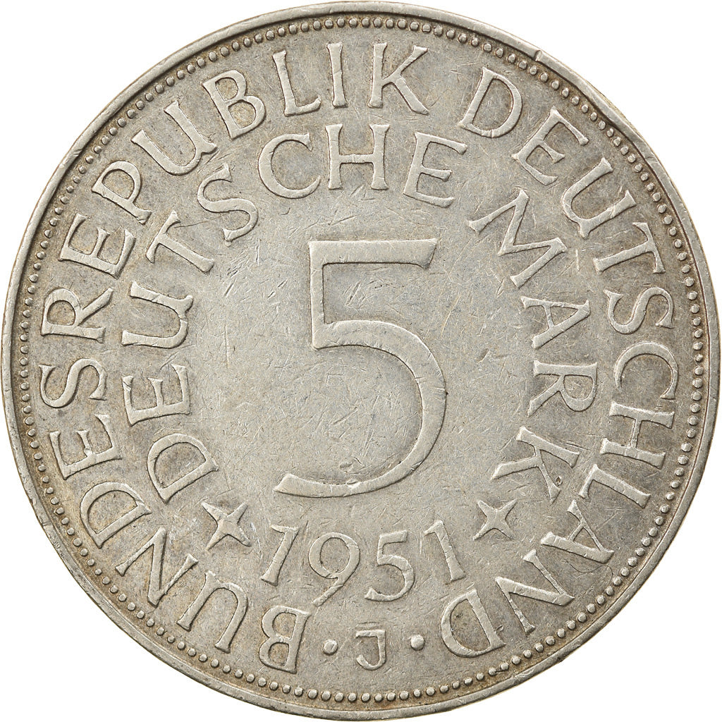 Coin, GERMANY - FEDERAL REPUBLIC, 5 Mark, 1951, Hambourg, EF(40-45), Silver