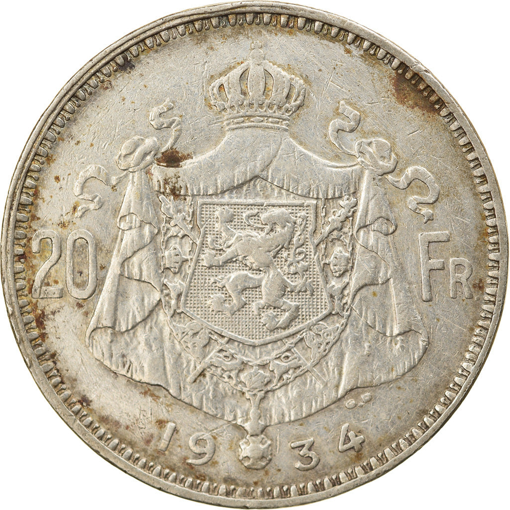 Coin, Belgium, 20 Francs, 20 Frank, 1934, EF(40-45), Silver, KM:103.1