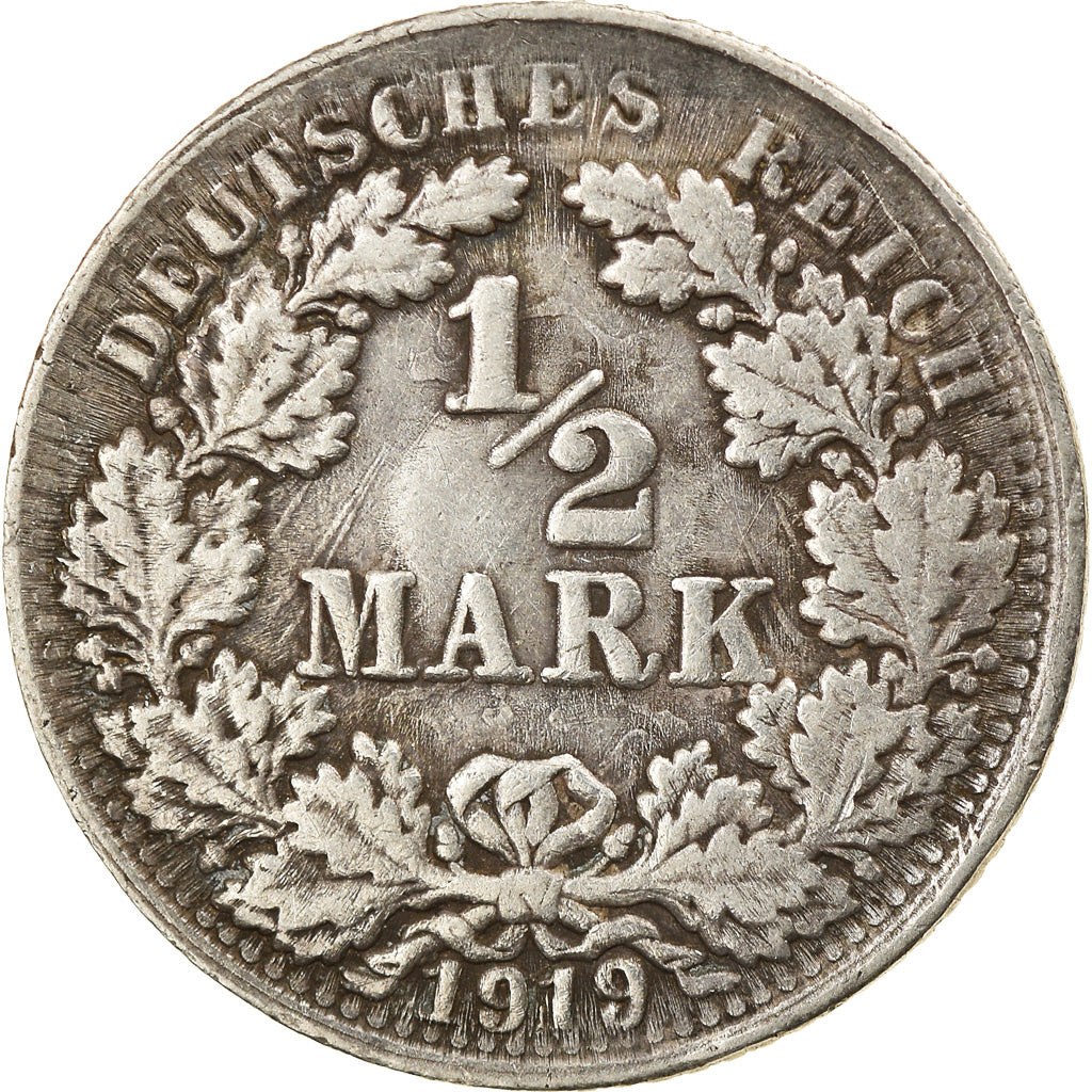 Coin, GERMANY - EMPIRE, 1/2 Mark, 1919, Munich, EF(40-45), Silver, KM:17