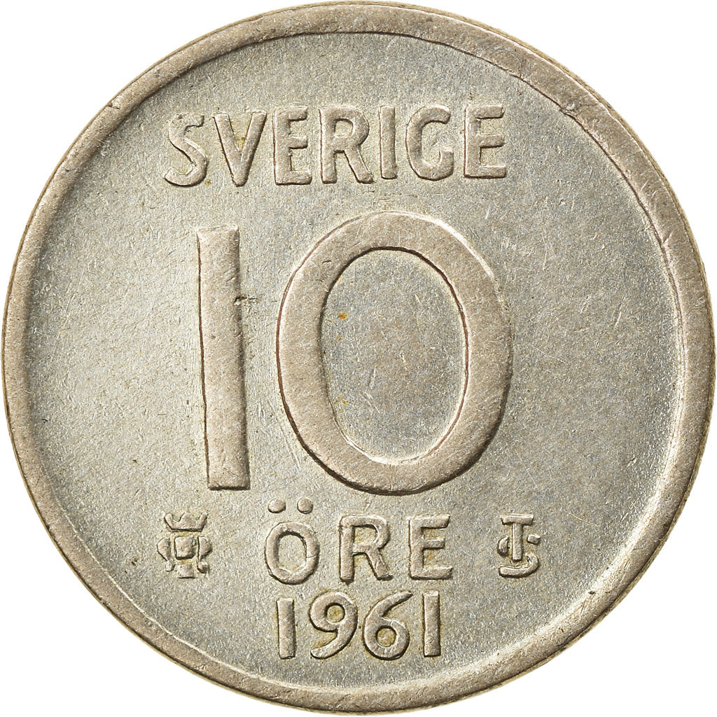 Moeda, Suécia, Gustaf VI, 10 Öre, 1961, EF(40-45), Prata, KM:823