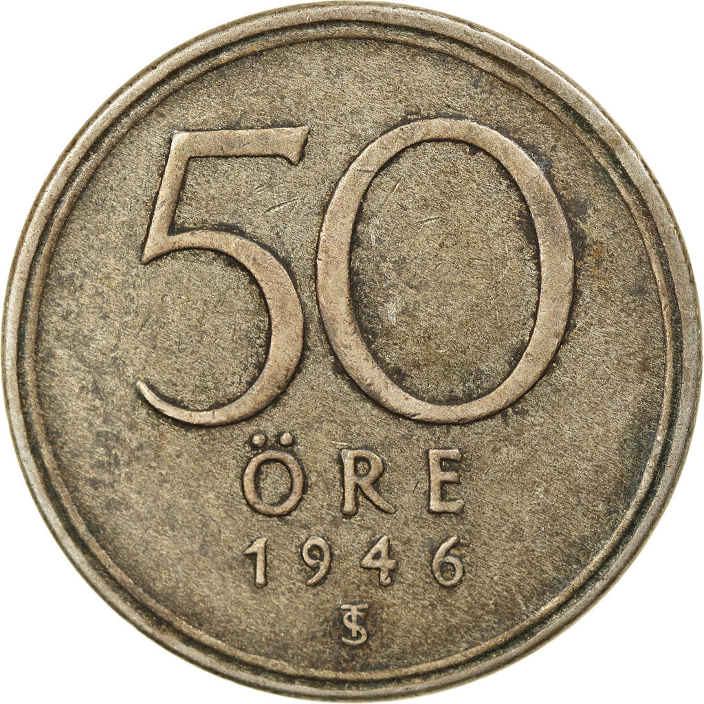 Moneda, Suecia, Gustaf V, 50 Öre, 1946, MBC, Plata, KM:817
