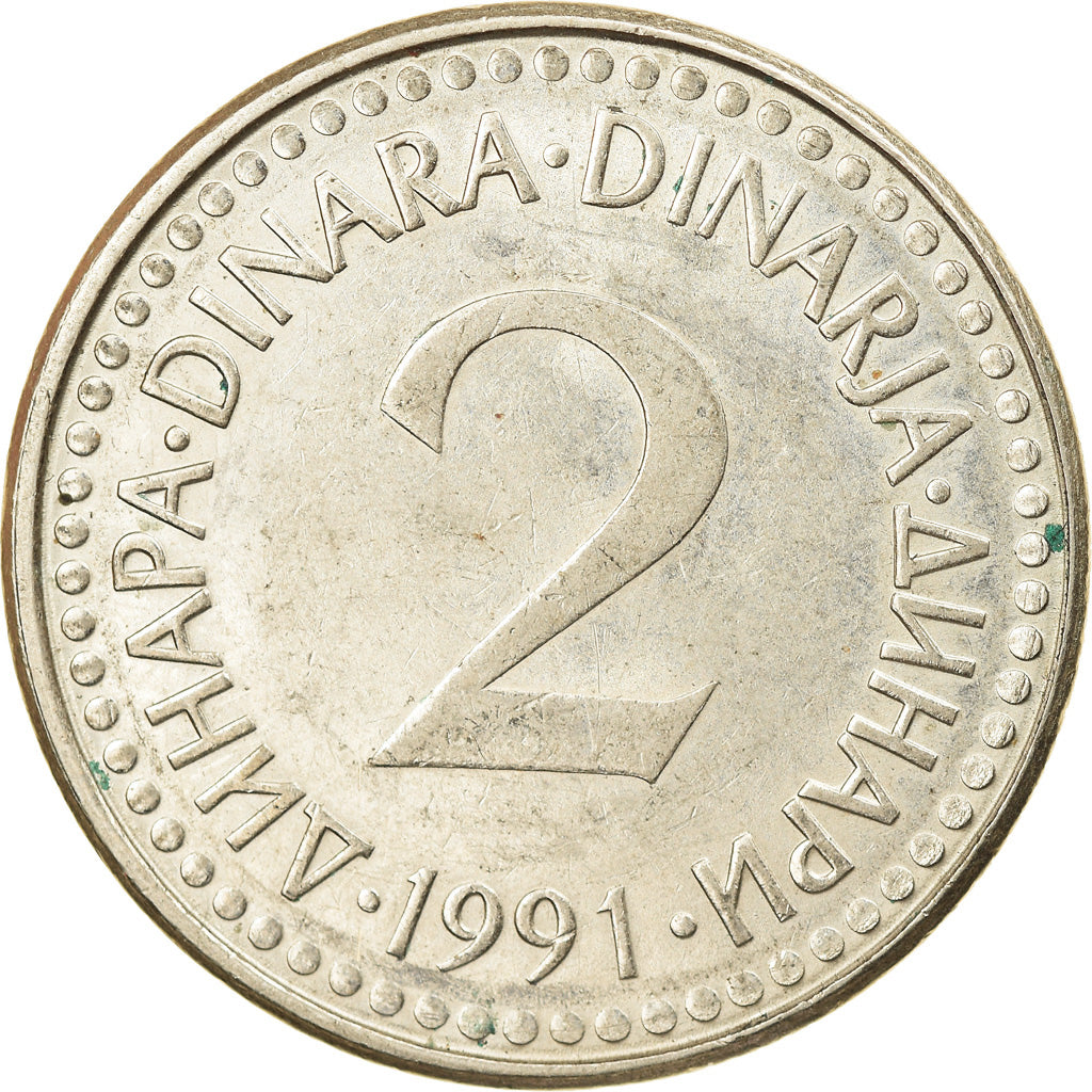 Coin, Yugoslavia, 2 Dinara, 1991, VF(30-35), Copper-Nickel-Zinc, KM:143
