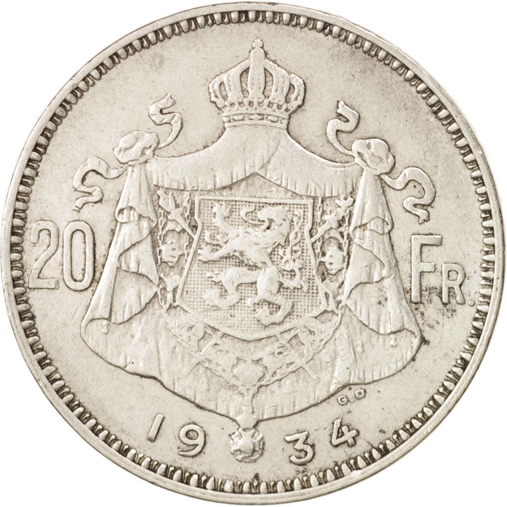Belgium, 20 Francs, 20 Frank, 1934, EF(40-45), Silver, KM:104.1