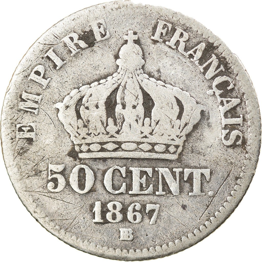Moneta, Francia, Napoleon III, Napoléon III, 50 Centimes, 1867, Strasbourg, MB