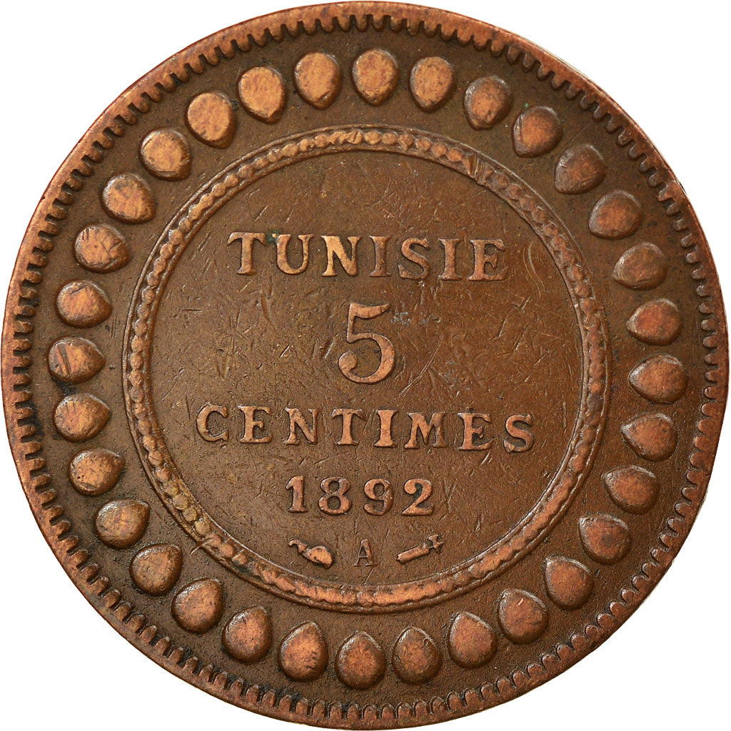 Coin, Tunisia, Ali Bey, 5 Centimes, 1892, Paris, EF(40-45), Bronze, KM:221
